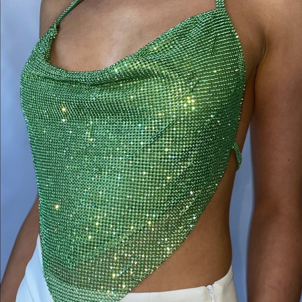 MESHKI DAPHNE Diamante Cowl Neck Halter Top - Green